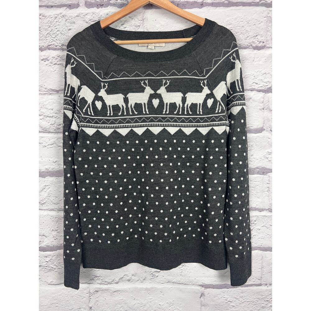 Loft Womens M Wool Holiday Christmas Cottagecore Fair Isle Reindeer Sweater Top - Picture 3 of 9